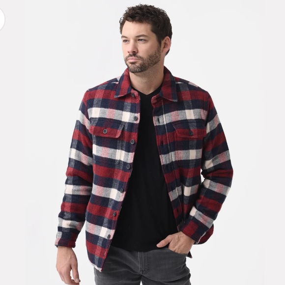 Faherty High Pile Fleece CPO Sherpa Lined Shacket Red/White/Blue Plaid - Medium